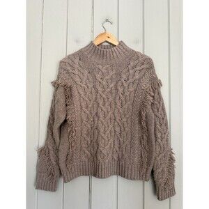 Banana Republic Sweater XS Chubut Wool-Cashmere Mock Neck Cable Fringe Grounded